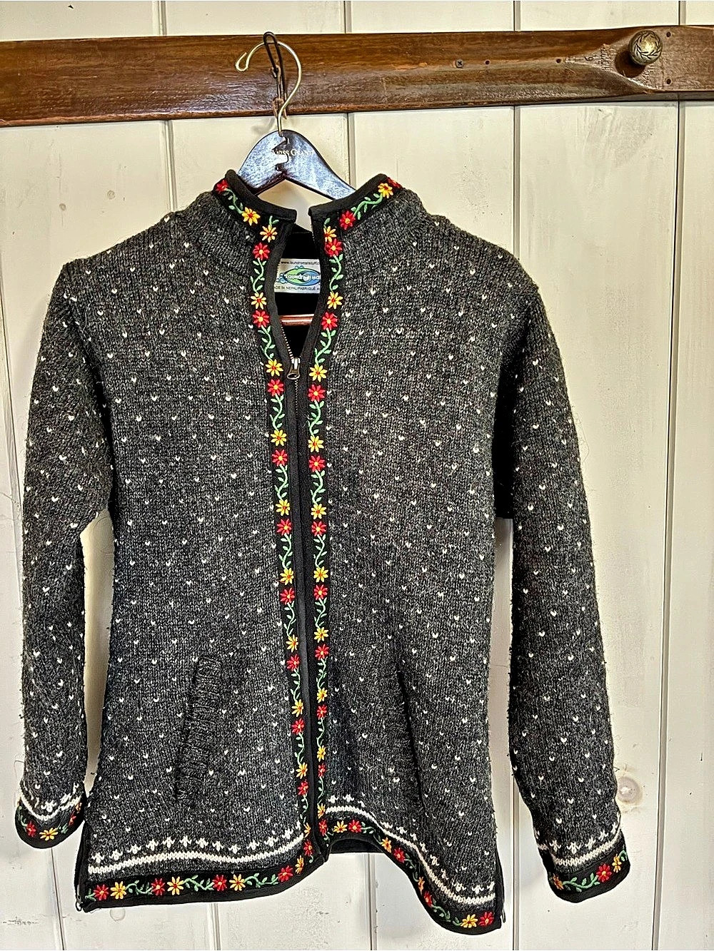 Laundromat Embroidered Zip Wool Cardigan made in Nepal